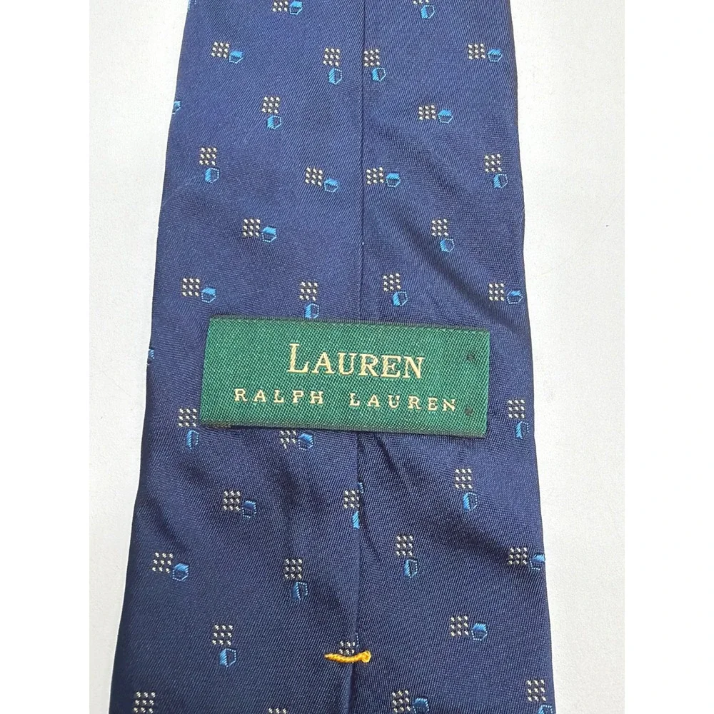 Lauren Ralph Lauren Mens Navy Blue Geometric 100% Silk Necktie Made in USA 58in